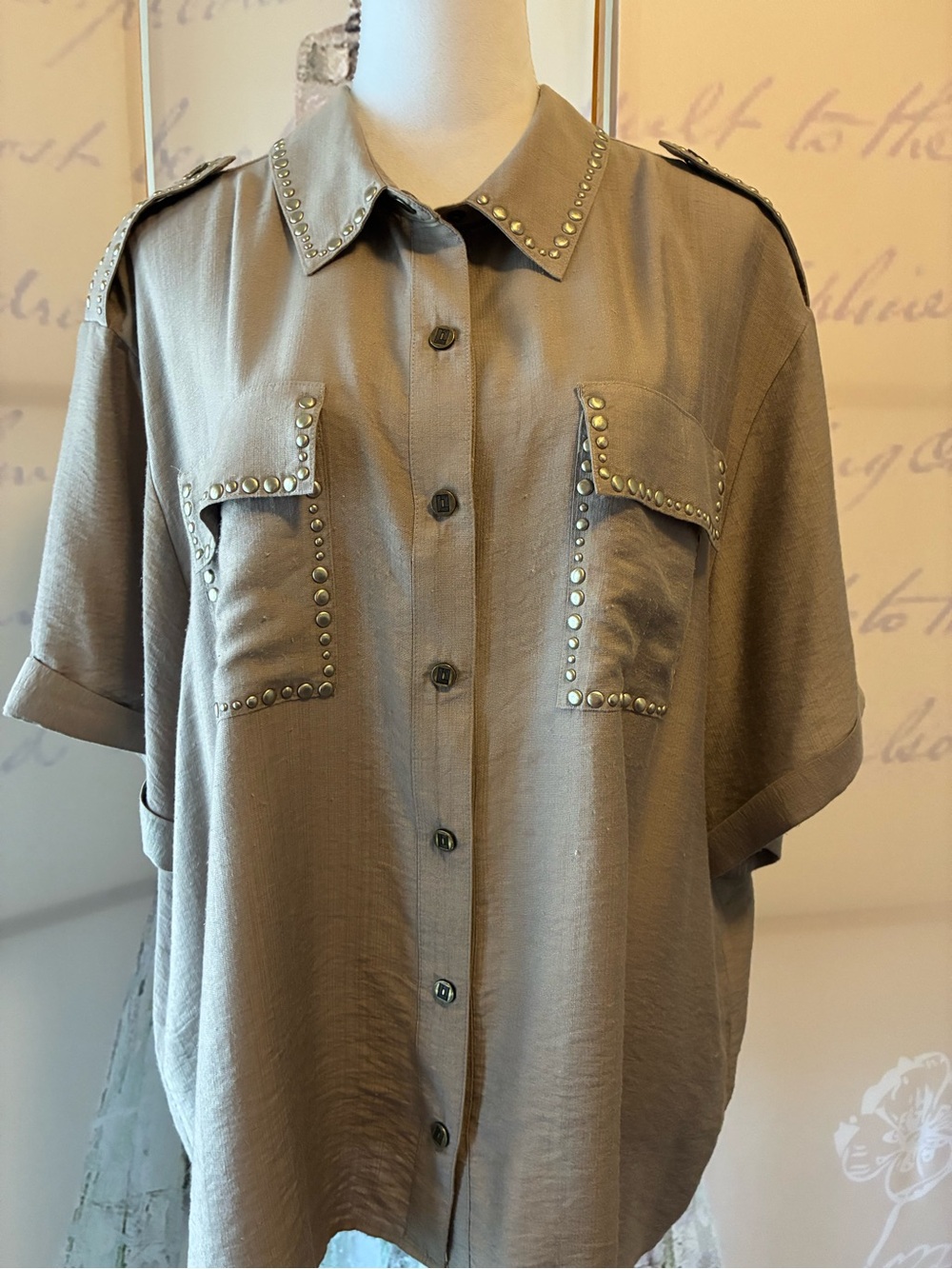 Karl Lagerfeld Army/Olive Green Short-Sleeve Snap Front Shirt with Stud Trim